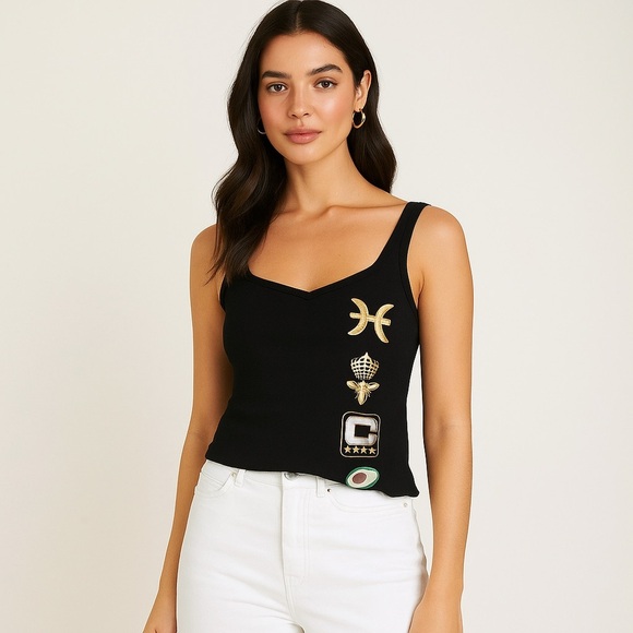 NEW Whistles Black Tank Top with Embroidered Patches Ribbed Knit Large - Picture 1 of 8